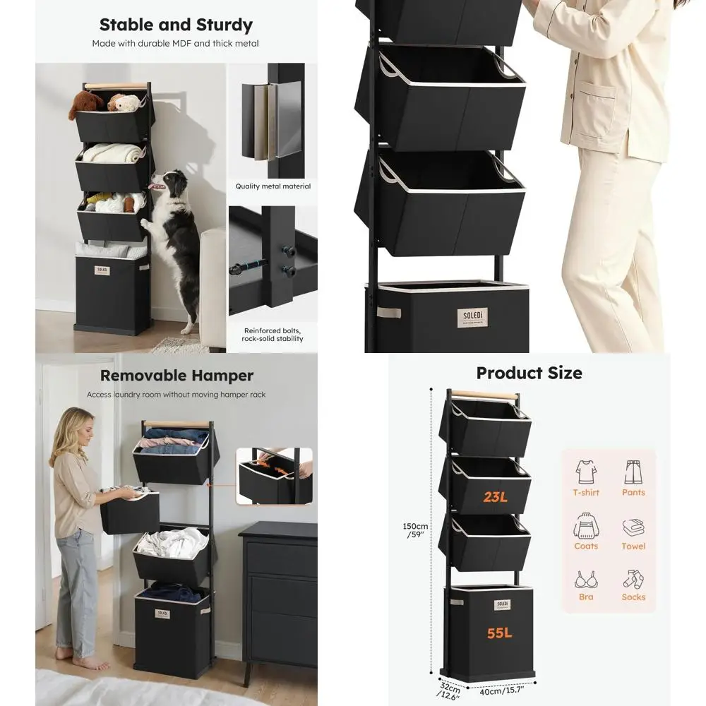 4-Section Stackable Laundry Basket Organizer, 125L Vertical Sorter for Small Spaces, Dorms, and Bathrooms - Black
4-Section Stackable Laundry Basket Organizer, 125L Vertical Sorter for Small Spaces, Dorms, and Bathrooms - Black