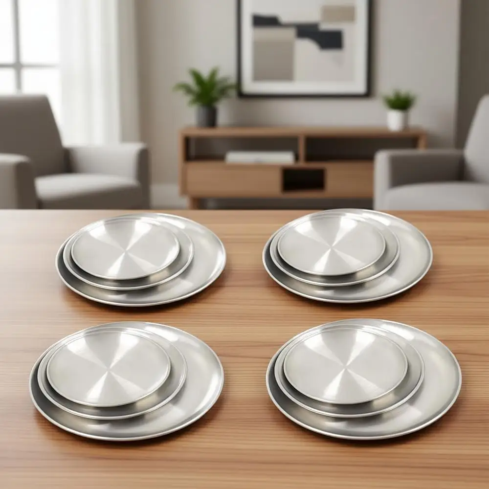 Набор из 12 тарелок из нержавеющей стали, многоразовая посуда из матового металла, идеально подходит для пикников, барбекю и ужинов со стейками.
Набор из 12 тарелок из нержавеющей стали, многоразовая посуда из матового металла, идеально подходит для пикников, барбекю и ужинов со стейками.