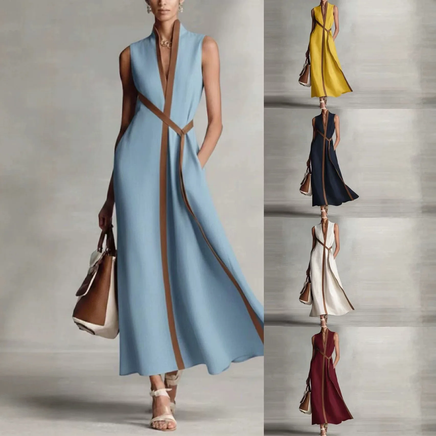 2026 European and American light luxury contrasting color hemming sleeveless V-neck cross waist split skirt
2026 European and American light luxury contrasting color hemming sleeveless V-neck cross waist split skirt