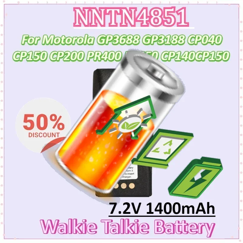 NNTN4851 7.2V 1400mAh Rechargable Walkie Talkie Battery for Motorola GP3688 GP3188 CP040 CP150 CP200 PR400 EP450 CP140CP150
NNTN4851 7.2V 1400mAh Rechargable Walkie Talkie Battery for Motorola GP3688 GP3188 CP040 CP150 CP200 PR400 EP450 CP140CP150