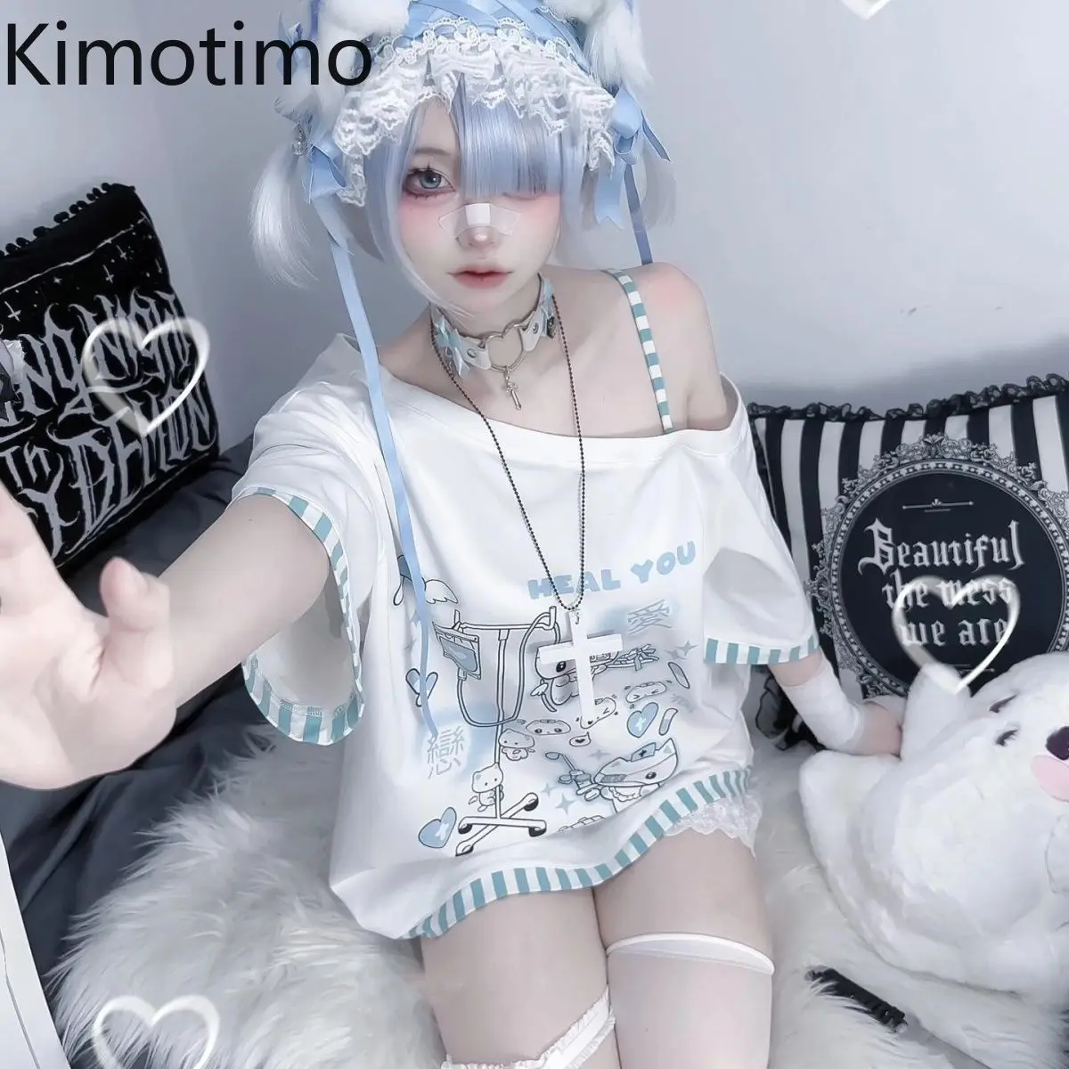Kimotimo, японская милая женская футболка с мультяшным принтом, лето 2021, полосатые топы с открытыми плечами и короткими рукавами, свободные футболки Harajuku Y2k
Kimotimo, японская милая женская футболка с мультяшным принтом, лето 2021, полосатые топы с открытыми плечами и короткими рукавами, свободные футболки Harajuku Y2k