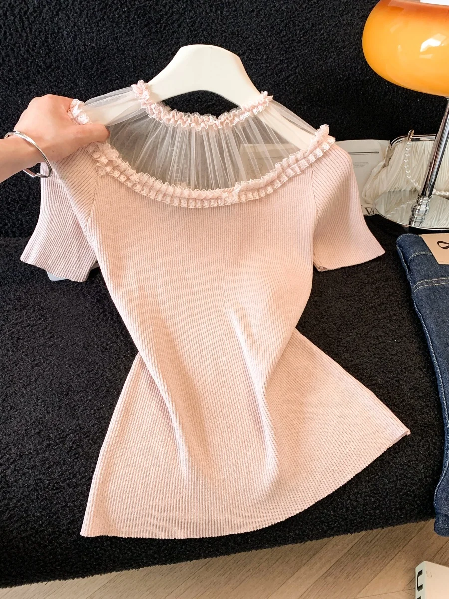 Unique Lace Splicing Knitted Short Sleeve T-Shirt Women's Summer Sweet Gentle Style Ear Mushroom Ruffle Korean Slim Fit Top
Unique Lace Splicing Knitted Short Sleeve T-Shirt Women's Summer Sweet Gentle Style Ear Mushroom Ruffle Korean Slim Fit Top