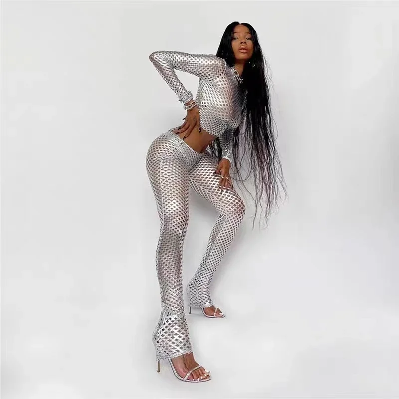 European and American fashionable slim trousers suit Cyberpunk hollow hole silver bright top
European and American fashionable slim trousers suit Cyberpunk hollow hole silver bright top