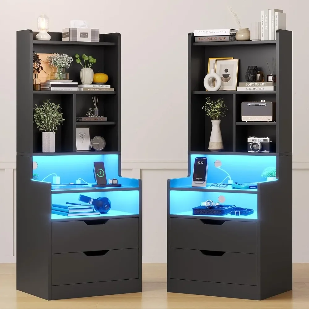 Charging Nightstand Set of 2 with LED Lights,Tall Night Stand with Bookshelf,Bedside Table with Drawers
Charging Nightstand Set of 2 with LED Lights,Tall Night Stand with Bookshelf,Bedside Table with Drawers