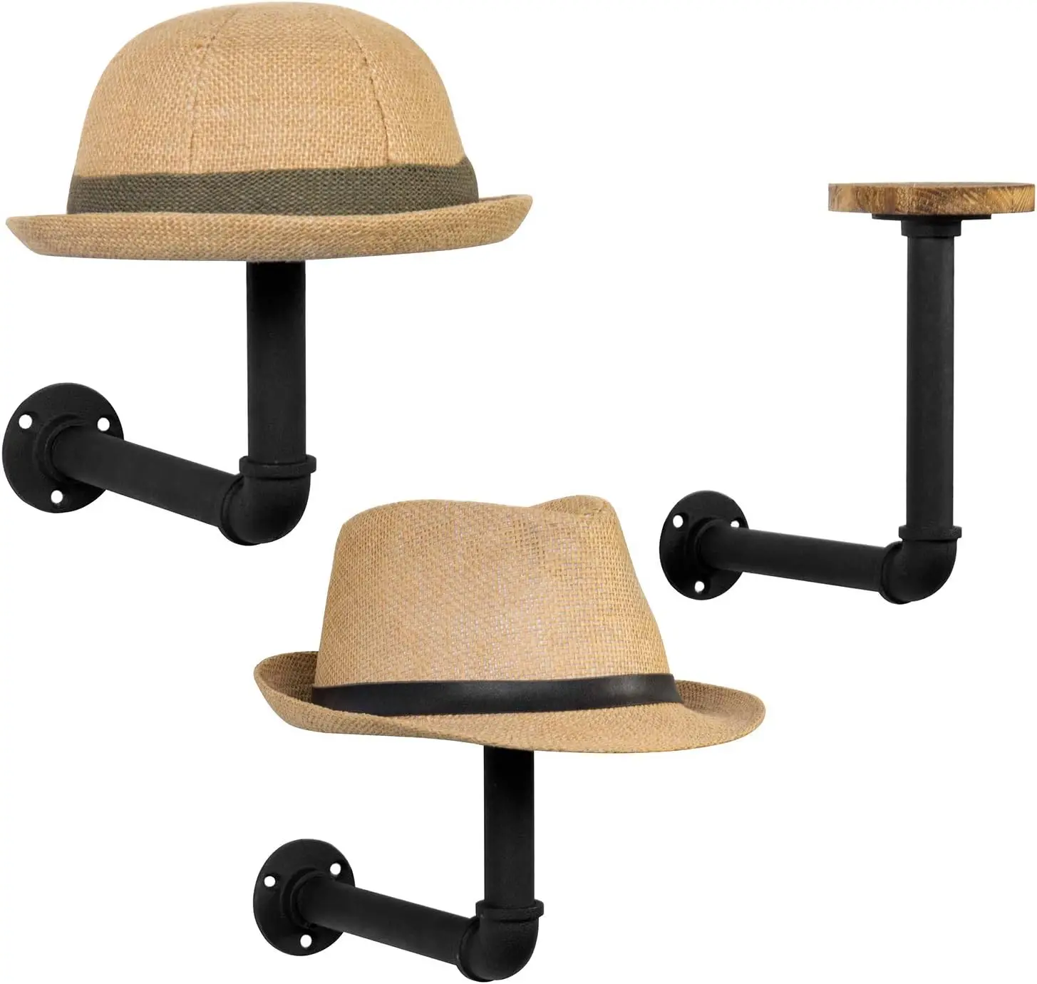 3-Piece Wall-Mounted Hat Rack with Black Metal Pipe and Brown Wood, Holds Hats, Wigs, Helmets for Entryway or Bedroom
3-Piece Wall-Mounted Hat Rack with Black Metal Pipe and Brown Wood, Holds Hats, Wigs, Helmets for Entryway or Bedroom