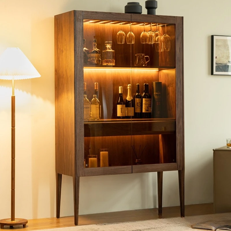 American light luxury black walnut wine cabinet living room against the wall solid wood glass double door partition display
American light luxury black walnut wine cabinet living room against the wall solid wood glass double door partition display