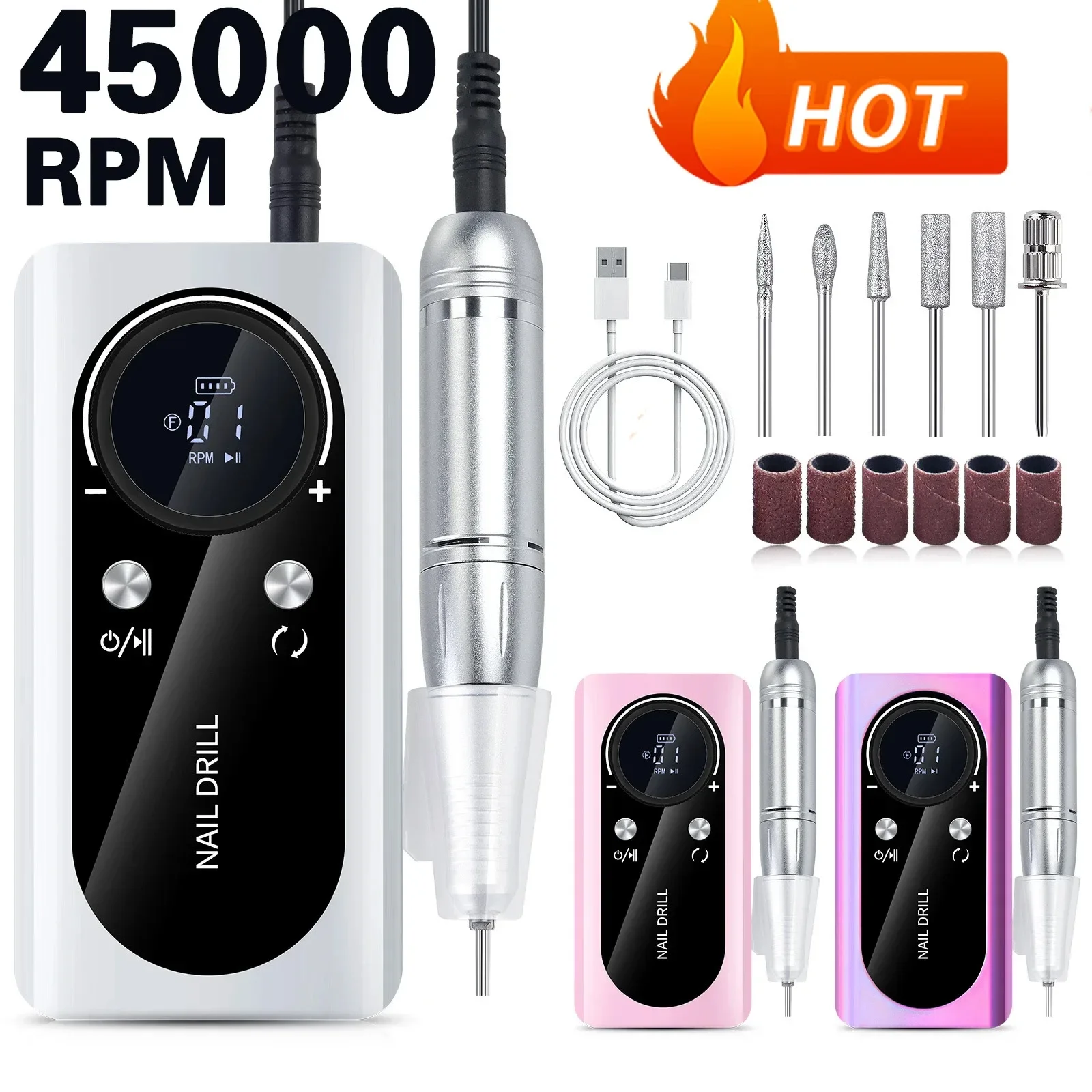 45000RPM Electric Nail Drill Machine With LCD Display Low Noise Rechargeable Manicure Machine For Polishing Gel Nail Polish
45000RPM Electric Nail Drill Machine With LCD Display Low Noise Rechargeable Manicure Machine For Polishing Gel Nail Polish