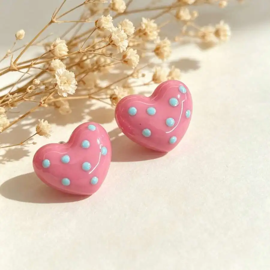 Pink Heart Stud Earrings With Light Blue Polka Dots, Vintage Romantic Jewelry For Everyday Wear And Special Occasions
Pink Heart Stud Earrings With Light Blue Polka Dots, Vintage Romantic Jewelry For Everyday Wear And Special Occasions