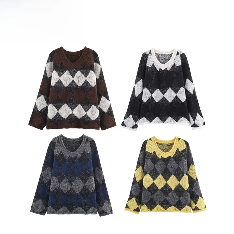 EVEA New Women's Fashionable Knitted Sweater Autumn Winter Diamond Grid Pattern V-Neck Loose Fit Polyester Fiber
EVEA New Women's Fashionable Knitted Sweater Autumn Winter Diamond Grid Pattern V-Neck Loose Fit Polyester Fiber
