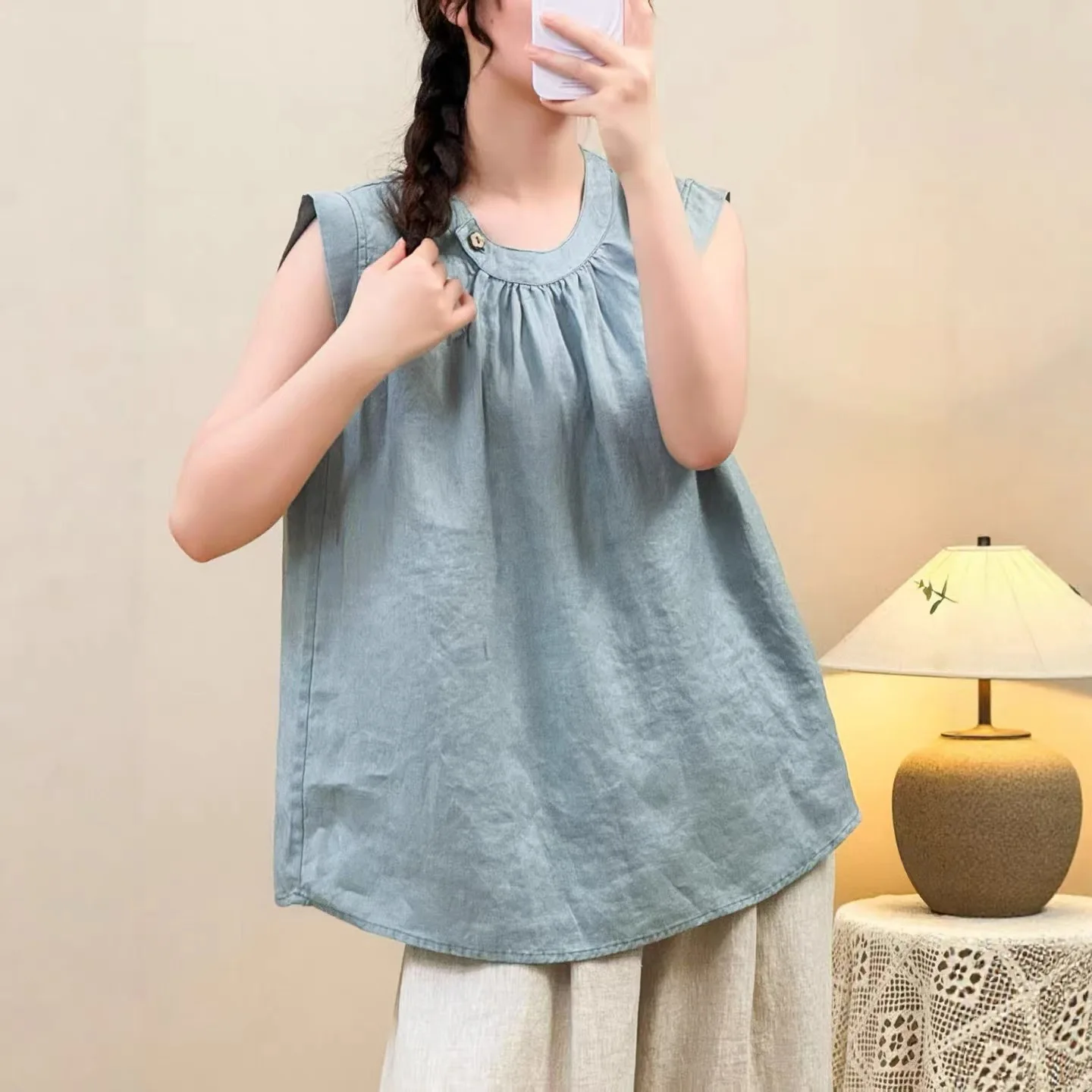 Korean Style plus Size Women's Cotton Linen Sleeveless Base Shirt round Neck Thin Top T-Shirt Summer New Arrival Artistic Com...
Korean Style plus Size Women's Cotton Linen Sleeveless Base Shirt round Neck Thin Top T-Shirt Summer New Arrival Artistic Com...