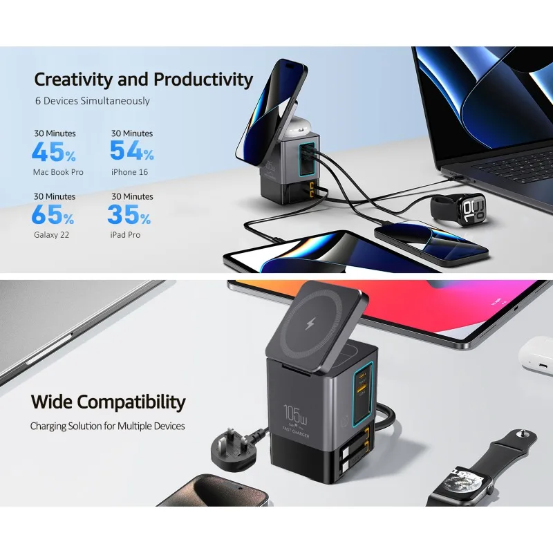 Зарядная станция 6-в-1 мощностью 105 Вт с выдвижным кабелем USB-C, комбинированная зарядная башня для нескольких устройств, быстрое зарядное устройство для iPhone, AirPods
Зарядная станция 6-в-1 мощностью 105 Вт с выдвижным кабелем USB-C, комбинированная зарядная башня для нескольких устройств, быстрое зарядное устройство для iPhone, AirPods