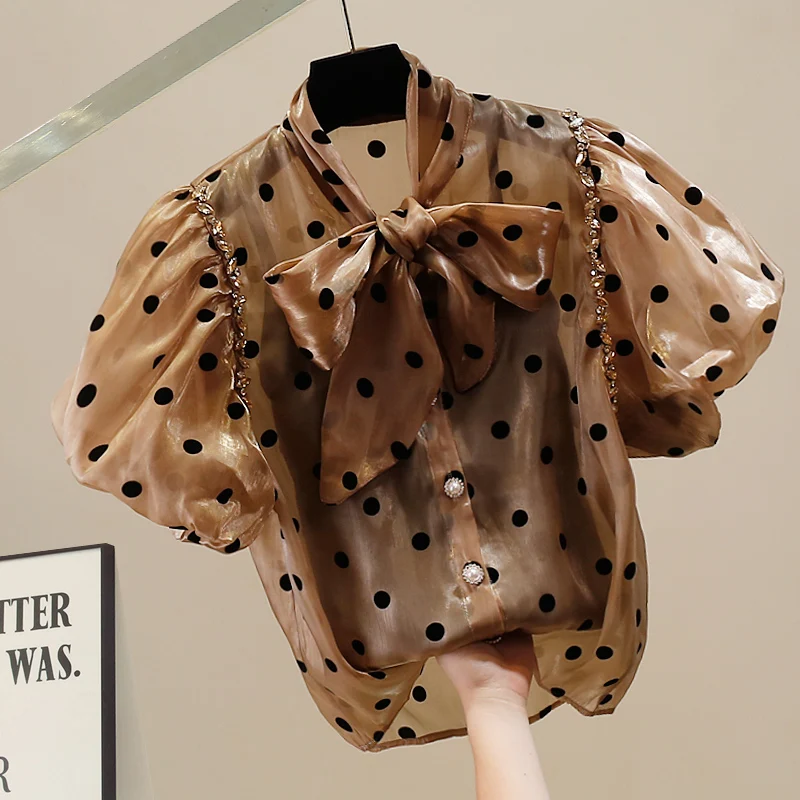 Fashion Bow Collar Polka Dot Rhinestone Bubble Short Sleeve Shirt, Summer Versatile Top , Women's Brown Blouses
Fashion Bow Collar Polka Dot Rhinestone Bubble Short Sleeve Shirt, Summer Versatile Top , Women's Brown Blouses