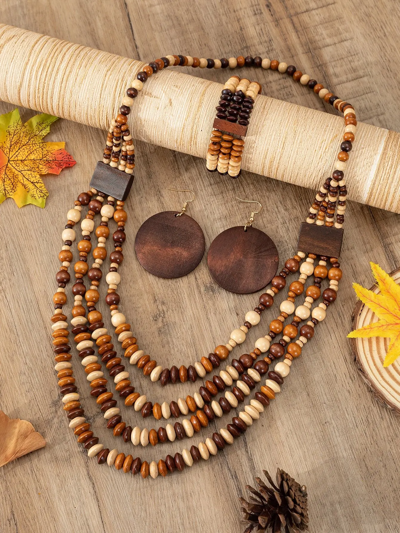 4-Piece Bohemian Wooden Jewelry Set with Layered Necklace, Bracelet and Earrings for Women
4-Piece Bohemian Wooden Jewelry Set with Layered Necklace, Bracelet and Earrings for Women