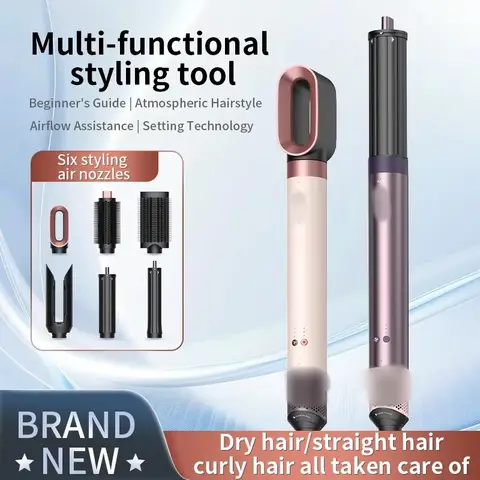 1700W 6-in-1 Professional Multifunctional Hair Dryer Hot and Cold Air Brush Curling Iron Straightener Salon Grade Fast Drying