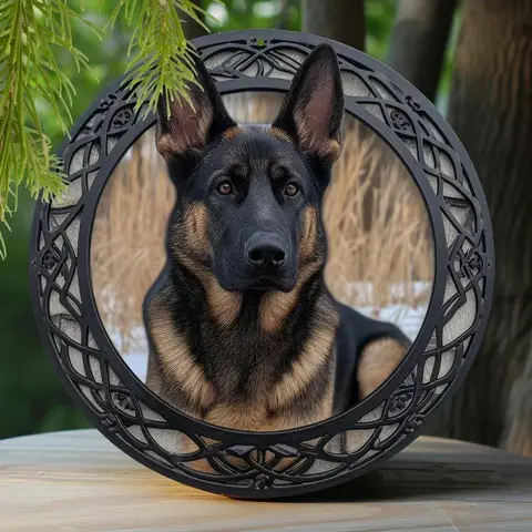 German Shepherd Metal Sign - Faux Laser Cut Iron, Round Living Room Wall Decor, Pet Lover Gift