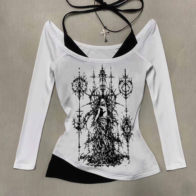 New Outdoor Autumn/Winter Gothic Character Emo Casual Hanging Collar Off Shoulder Fake Two Piece Set Long Sleeve Shirt
New Outdoor Autumn/Winter Gothic Character Emo Casual Hanging Collar Off Shoulder Fake Two Piece Set Long Sleeve Shirt