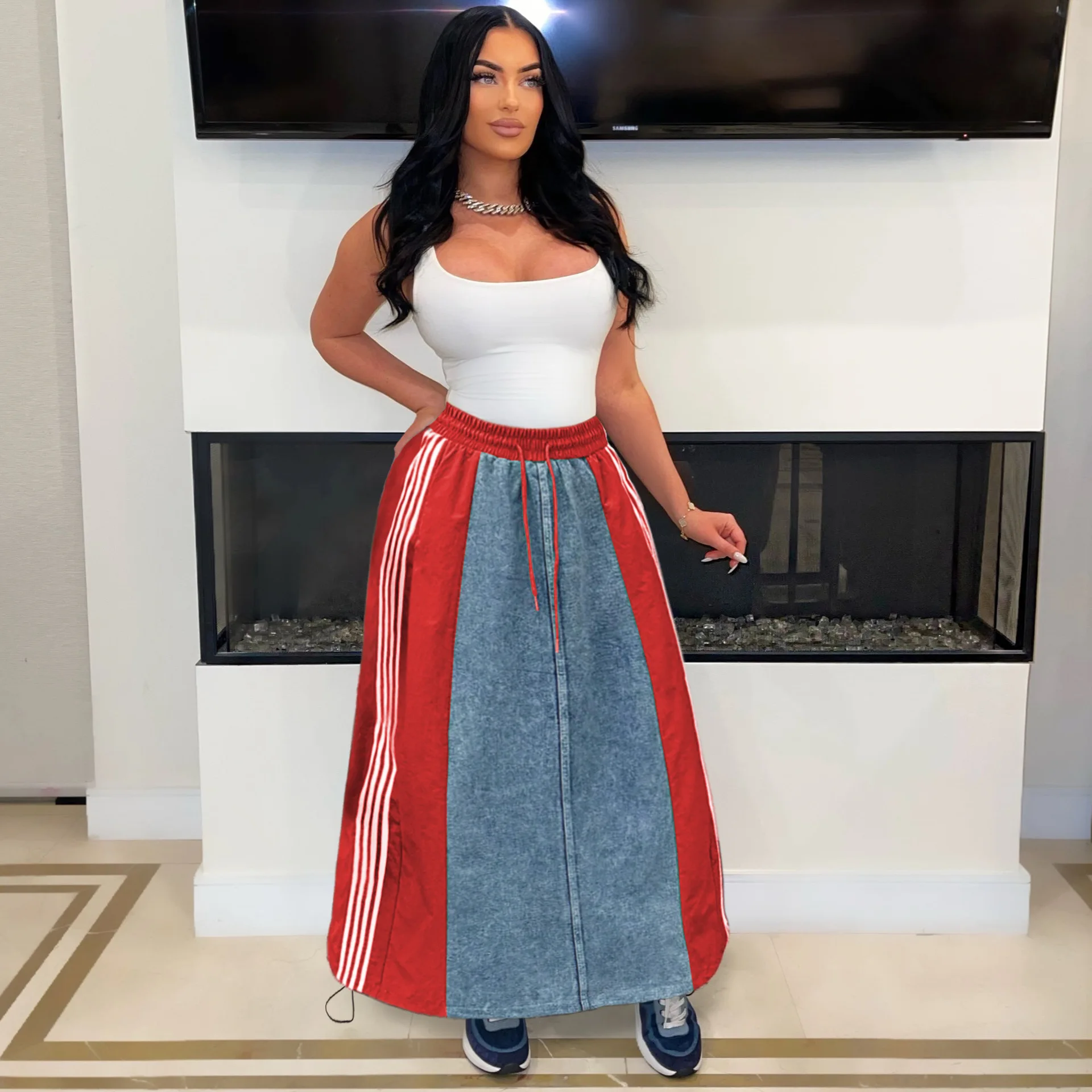 Women Denim Skirt Autumn Casual Color Patchwork High Waist Striped Loose A-Line Denim Skirt Streetwear Lady Long Jeans Skirt
Women Denim Skirt Autumn Casual Color Patchwork High Waist Striped Loose A-Line Denim Skirt Streetwear Lady Long Jeans Skirt