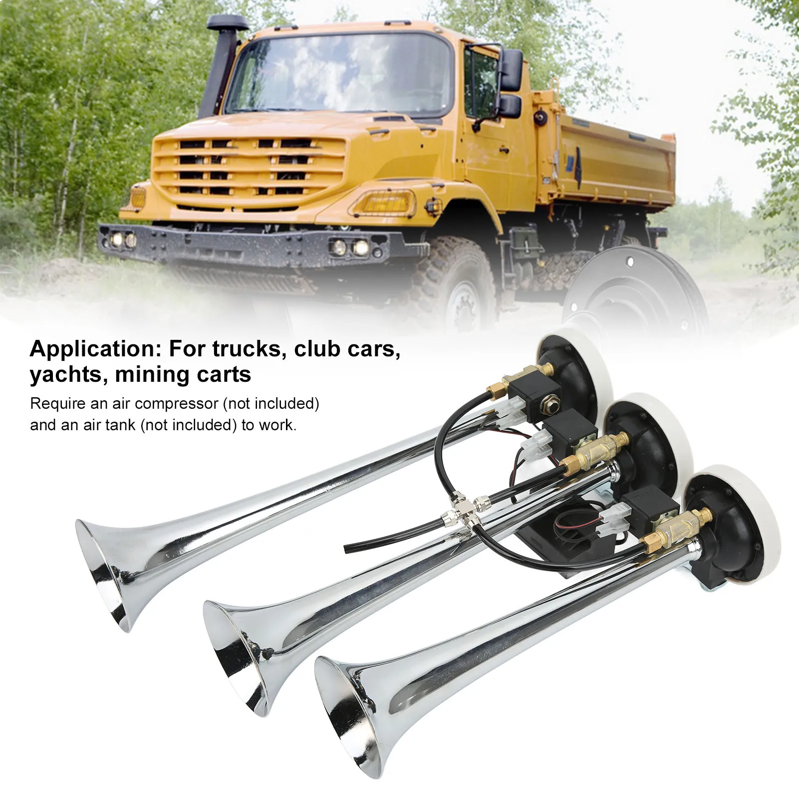 Тройной пневматический гудок (3 трубки), 6 мелодий, хромированный, 305/342/385x79 мм, 12В/24В для автомобилей, грузовиков, яхт. Хромированный тройной пневматический гудок.
Тройной пневматический гудок (3 трубки), 6 мелодий, хромированный, 305/342/385x79 мм, 12В/24В для автомобилей, грузовиков, яхт. Хромированный тройной пневматический гудок.