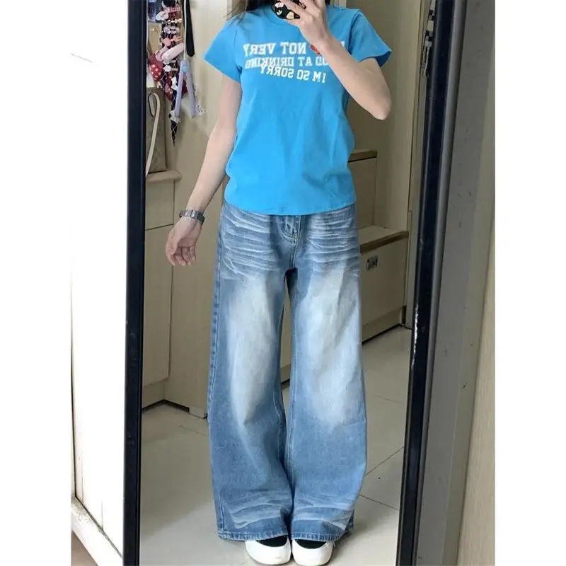Womens Vintage American Washed Blue Wide Leg Jeans Summer New Fashion Straight Floor-Length Pants Low Waist Denim Cotton Blend
Womens Vintage American Washed Blue Wide Leg Jeans Summer New Fashion Straight Floor-Length Pants Low Waist Denim Cotton Blend