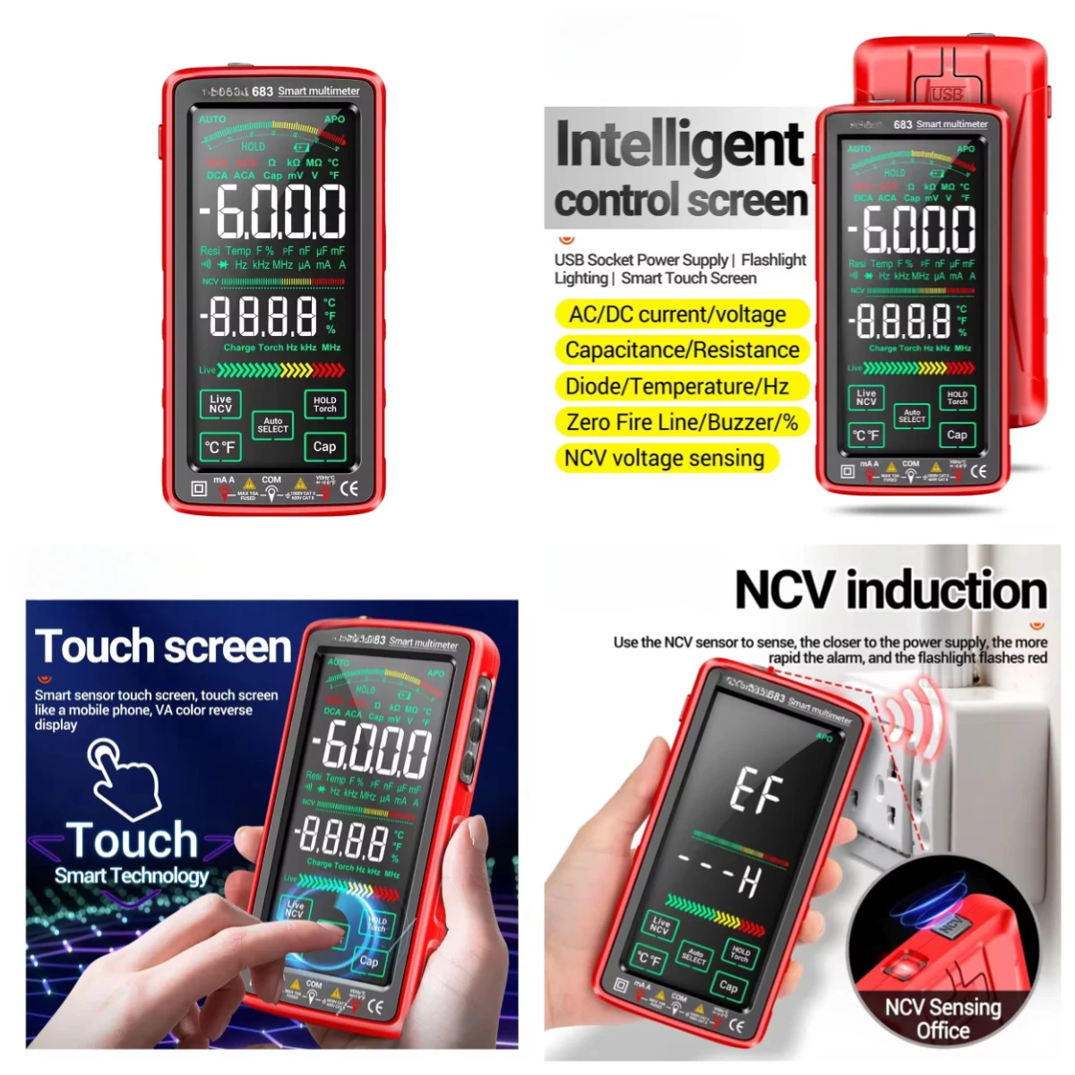 683 rechargeable intelligent multimeter high end touch ac dc voltage current tester
683 rechargeable intelligent multimeter high end touch ac dc voltage current tester
