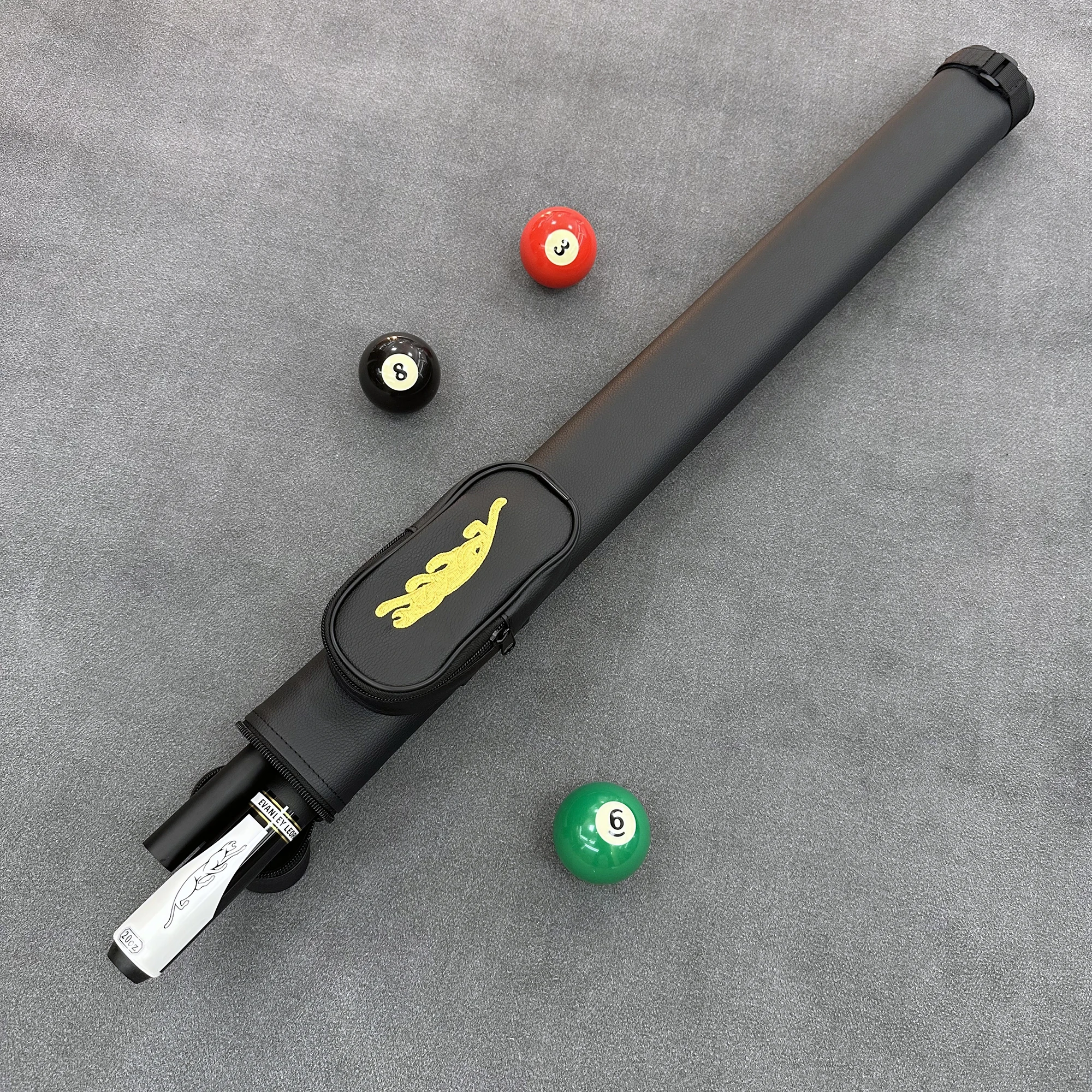 Black PU Leather Billiard Pool Cue Case with Yellow Leopard Embroidery, 1/2 Split Cue Hard Tube
Black PU Leather Billiard Pool Cue Case with Yellow Leopard Embroidery, 1/2 Split Cue Hard Tube