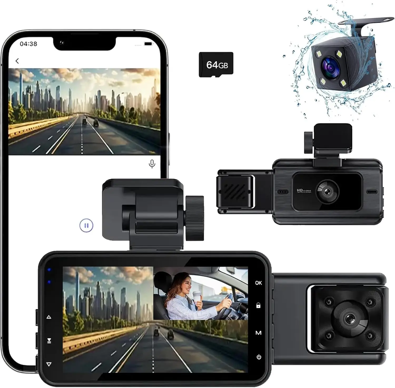 3 Channel 1080P Car Camera with 64GB SD, 3' IPS, Night Vision, 170° Wide Angle, WDR, 24H Parking Mode
3 Channel 1080P Car Camera with 64GB SD, 3' IPS, Night Vision, 170° Wide Angle, WDR, 24H Parking Mode