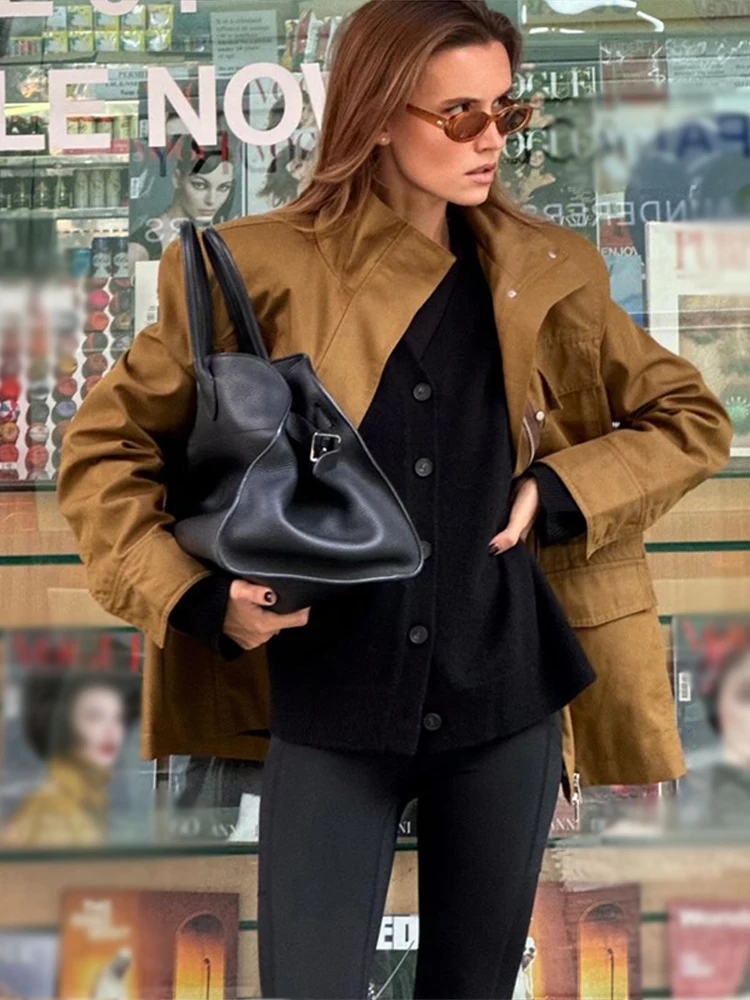 Женская рабочая одежда с карманами и воротником-стойкой, куртки, прямые пальто с тонкой талией, повседневная осенняя модная уличная женская одежда 
Женская рабочая одежда с карманами и воротником-стойкой, куртки, прямые пальто с тонкой талией, повседневная осенняя модная уличная женская одежда