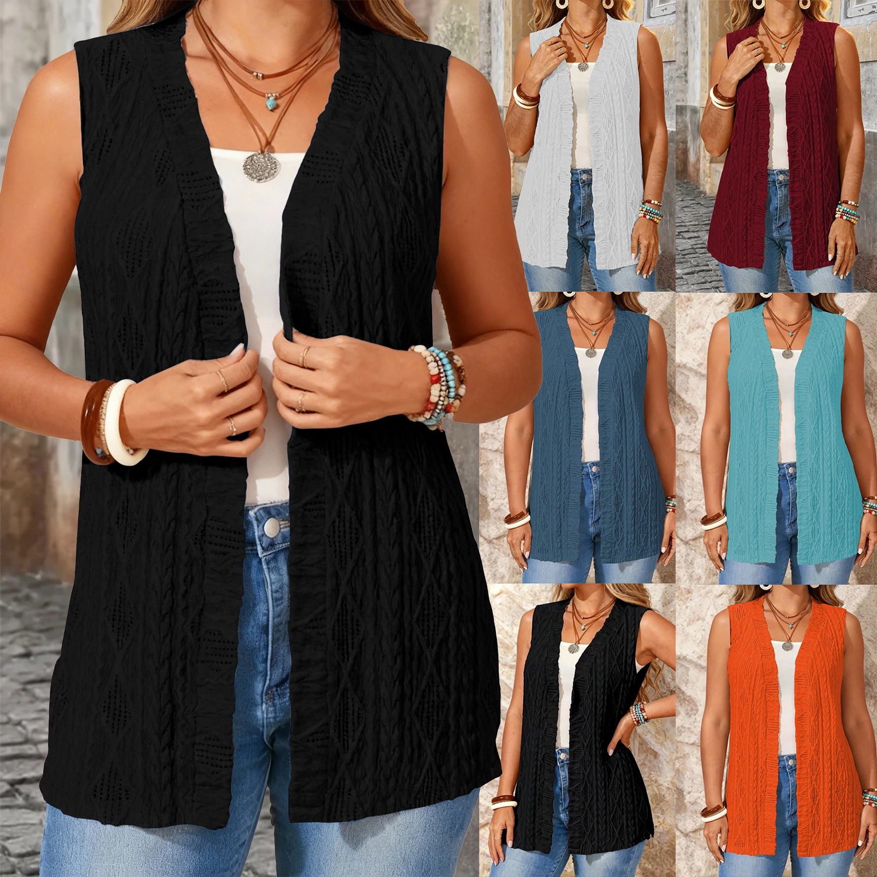 Sheer Knit Sleeveless Cardigan for Women, Lightweight Breathable Summer Cover-Up, Solid Color Casual Vacation Wear
Sheer Knit Sleeveless Cardigan for Women, Lightweight Breathable Summer Cover-Up, Solid Color Casual Vacation Wear