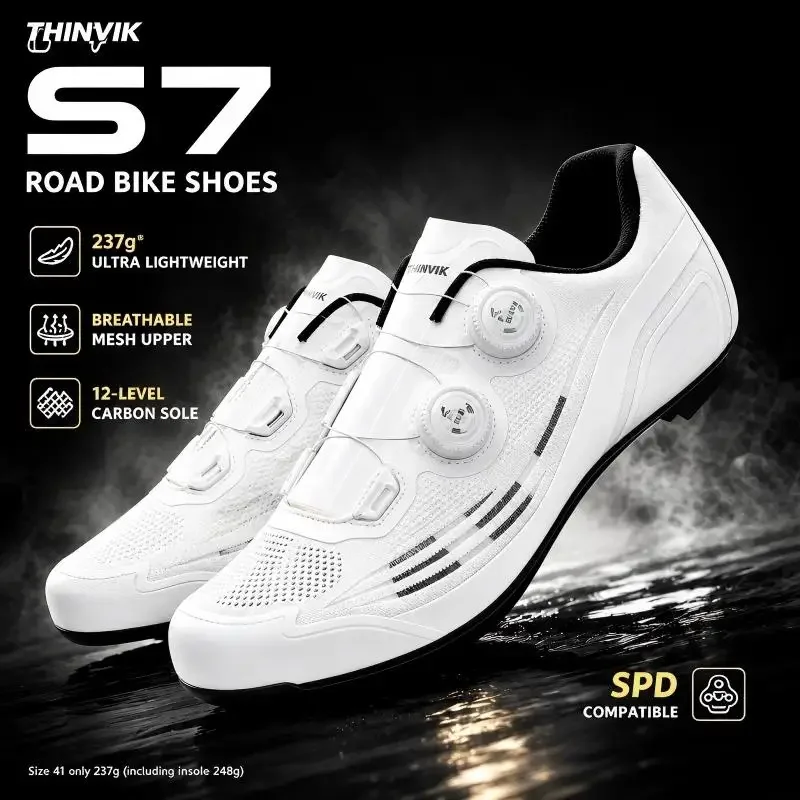 THINVIK Ultralight S7 Road Cycling Shoes Carbon Fiber Sole Dual Dial BOA Closure 3D Knit Upper SPD Compatible Racing Footwear
THINVIK Ultralight S7 Road Cycling Shoes Carbon Fiber Sole Dual Dial BOA Closure 3D Knit Upper SPD Compatible Racing Footwear
