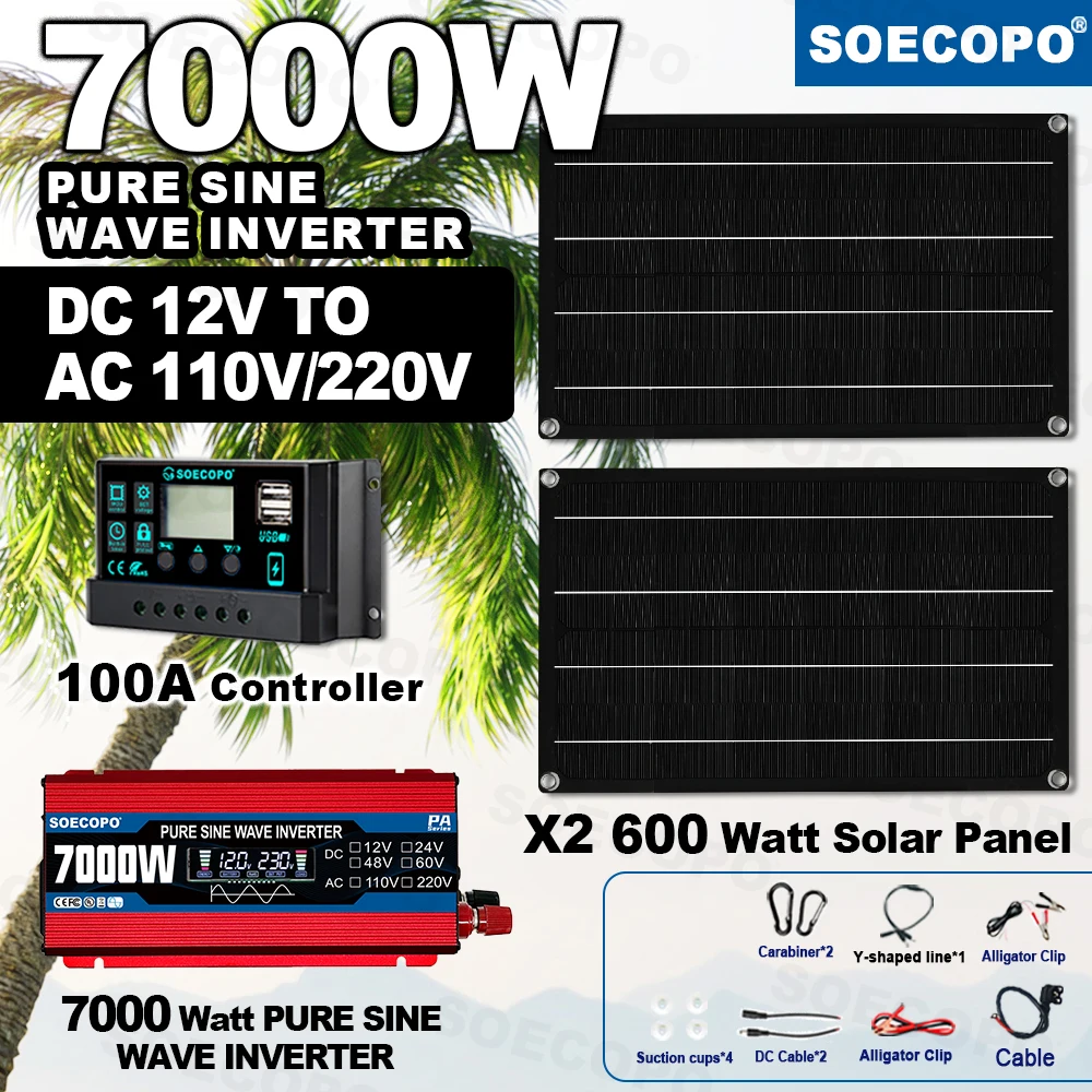 SOECOPO 7000W Solar System Kit 12V Pure Wave Inverter 2*600W Photovoltaic Panels and 100A Controller for Home Off - Grid Camping
SOECOPO 7000W Solar System Kit 12V Pure Wave Inverter 2*600W Photovoltaic Panels and 100A Controller for Home Off - Grid Camping