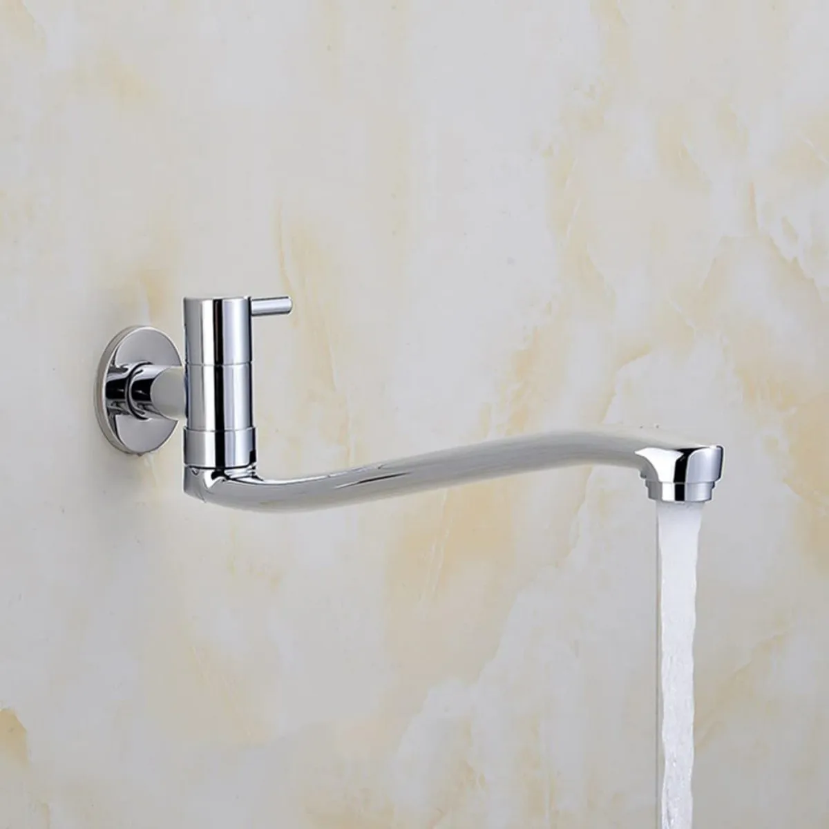One wall-mounted single cold water faucet, made of chrome-plated stainless steel, with a swing function to save sink space.
One wall-mounted single cold water faucet, made of chrome-plated stainless steel, with a swing function to save sink space.