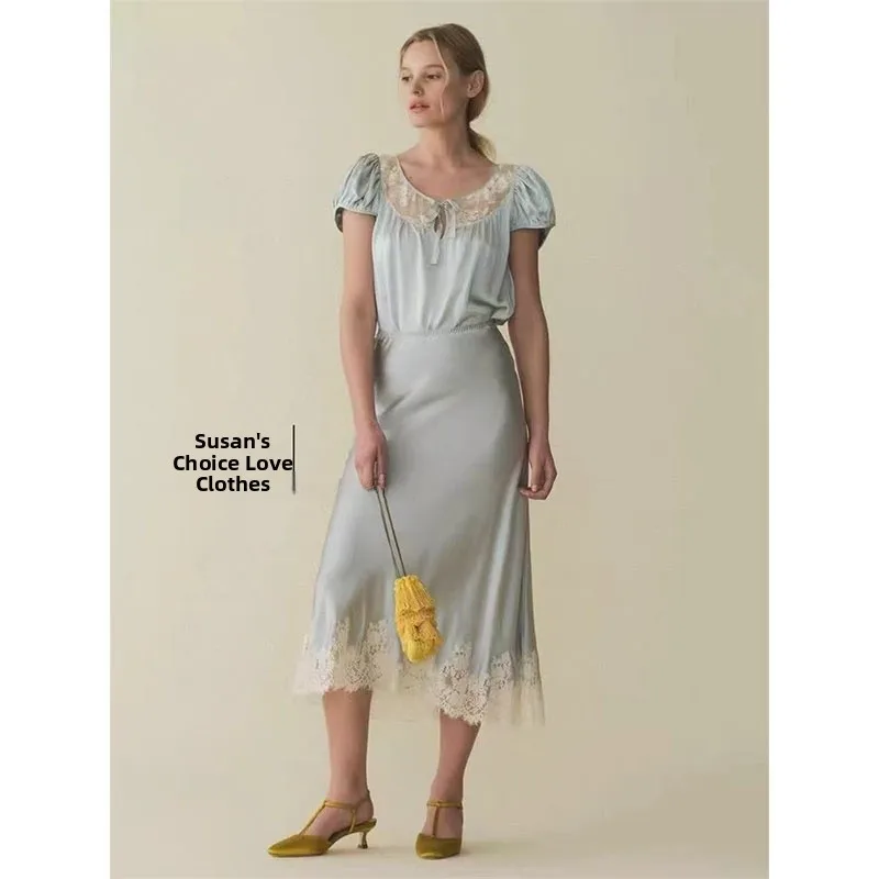 Susan Blue Lace Hollow Embroidery Silk Patchwork Fish Tail Half Skirt Women's mid Waist Midi Pure Color Spring Season
Susan Blue Lace Hollow Embroidery Silk Patchwork Fish Tail Half Skirt Women's mid Waist Midi Pure Color Spring Season