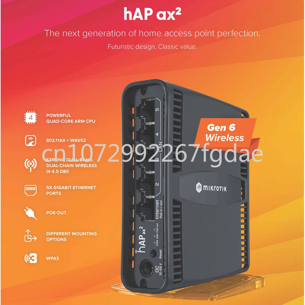 C52iG-5HaxD2HaxD-TC 1.8Gbps AX1800 WiFi 6 Router hAP ax² PoE-in & PoE-out 802.11ax WPA3 5x10/100/1000 Ethernet Ports
C52iG-5HaxD2HaxD-TC 1.8Gbps AX1800 WiFi 6 Router hAP ax² PoE-in & PoE-out 802.11ax WPA3 5x10/100/1000 Ethernet Ports