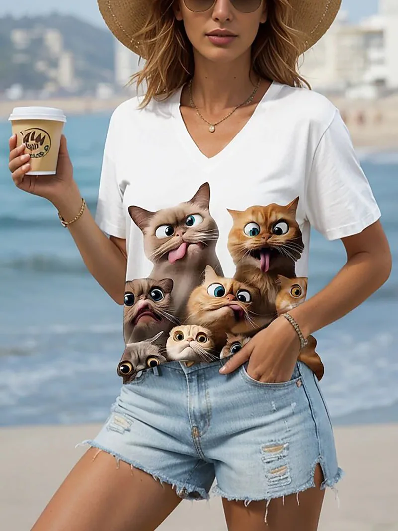 Summer Ladies T-Shirt Funny Animal Cat Pattern Printing Fashion Casual Oversized V-Neck Women's Clothing
Summer Ladies T-Shirt Funny Animal Cat Pattern Printing Fashion Casual Oversized V-Neck Women's Clothing