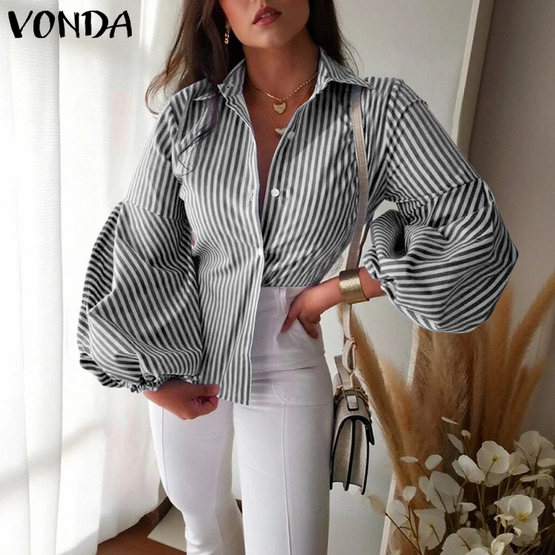 Женская модная блузка VONDA больших размеров (до 5XL) с длинными рукавами-фонариками, в полоску, весна 2026, с отложным воротником, повседневная, свободная, элегантная, для офиса
Женская модная блузка VONDA больших размеров (до 5XL) с длинными рукавами-фонариками, в полоску, весна 2026, с отложным воротником, повседневная, свободная, элегантная, для офиса