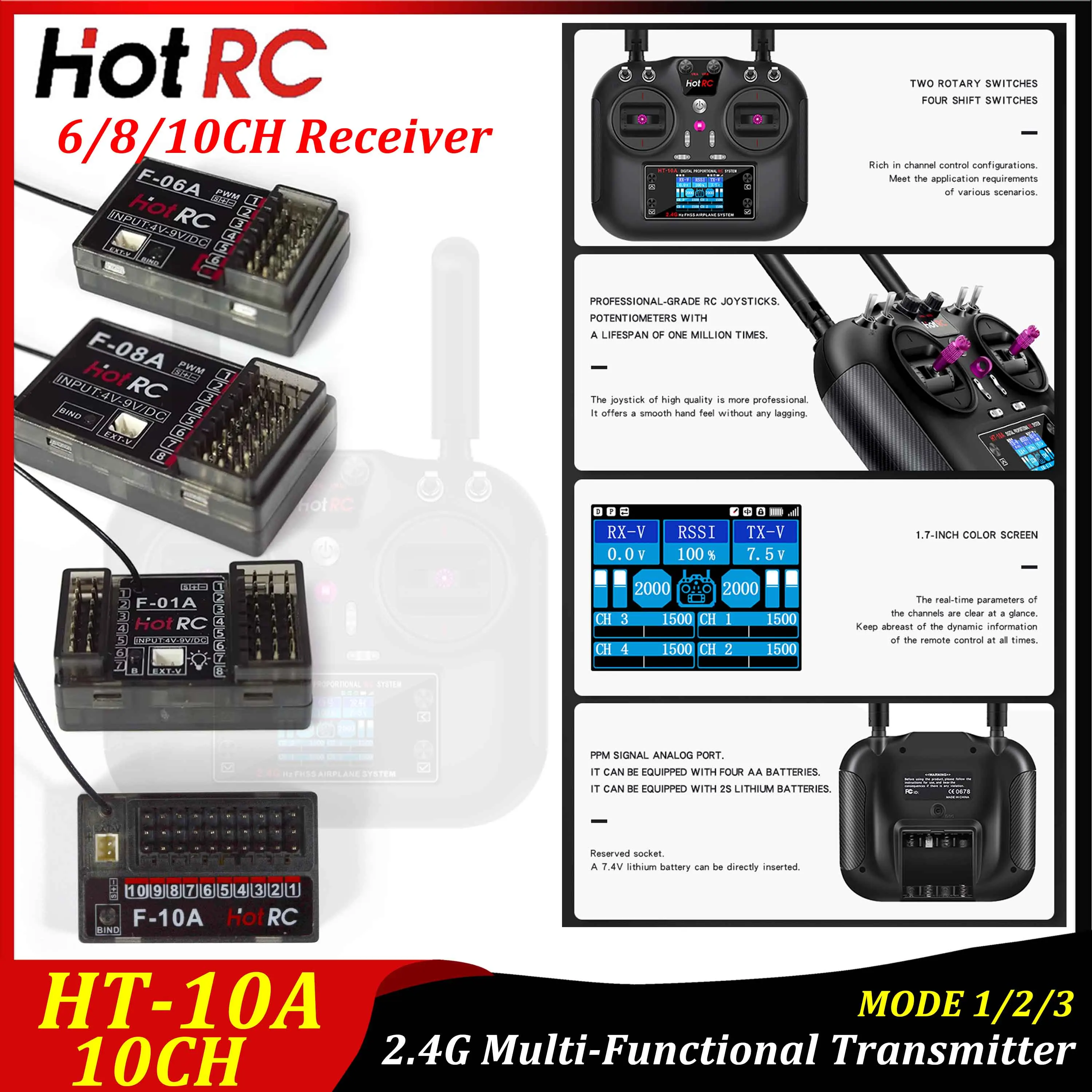 HotRC HT-10A 10CH 2.4G Multi-Functional Transmitter Mode1/2/3 F-10A F-06A F-08A 6/8/10CH Receiver for Remote Control Plane Car
HotRC HT-10A 10CH 2.4G Multi-Functional Transmitter Mode1/2/3 F-10A F-06A F-08A 6/8/10CH Receiver for Remote Control Plane Car