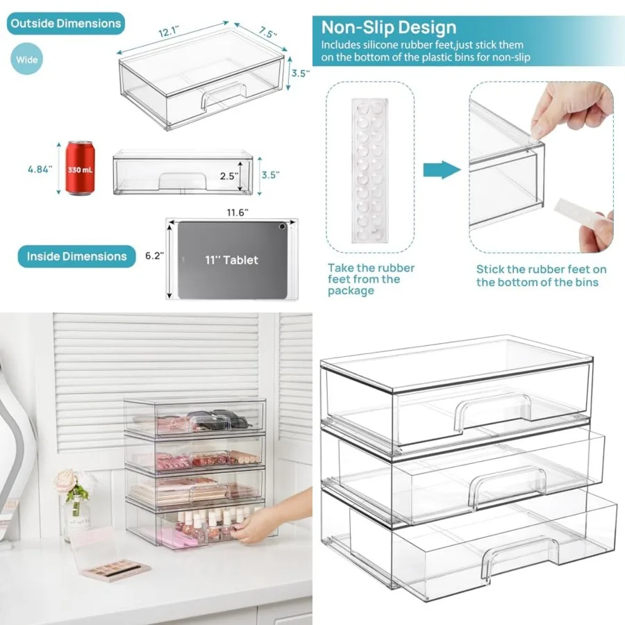 12.1''W Clear Stackable Storage Drawers, 3 Pack Acrylic Plastic Organizers Bins for Makeup Palettes, Cosmetics, and Beauty Supp
12.1''W Clear Stackable Storage Drawers, 3 Pack Acrylic Plastic Organizers Bins for Makeup Palettes, Cosmetics, and Beauty Supp