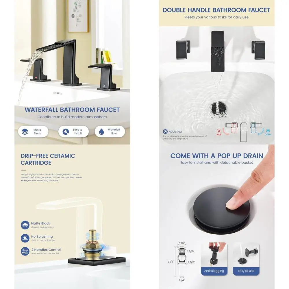 8 Modern 3-Hole Matte Black Waterfall Faucet with Pop-Up Drain for Vanity Sinks
8 Modern 3-Hole Matte Black Waterfall Faucet with Pop-Up Drain for Vanity Sinks