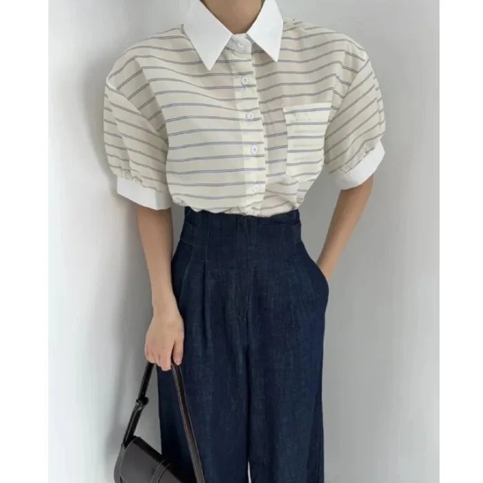 Retro Color Block Collar Striped Short Sleeve Shirt Commute Top Women Casual Loose Fit Summer Fashion Ladies Premium Clothing
Retro Color Block Collar Striped Short Sleeve Shirt Commute Top Women Casual Loose Fit Summer Fashion Ladies Premium Clothing