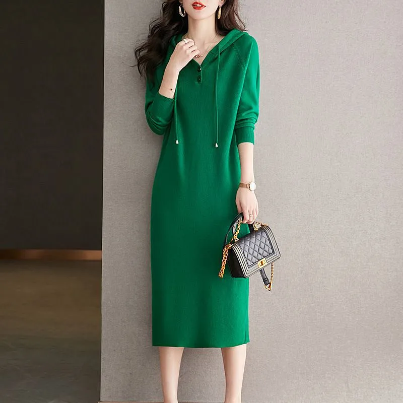 Pulls Femmes Hooded Middle-long Sweater For Women Straight Dress Spring Autumn Pullover Tops Female Slim Knitwear Wool Jumper
Pulls Femmes Hooded Middle-long Sweater For Women Straight Dress Spring Autumn Pullover Tops Female Slim Knitwear Wool Jumper