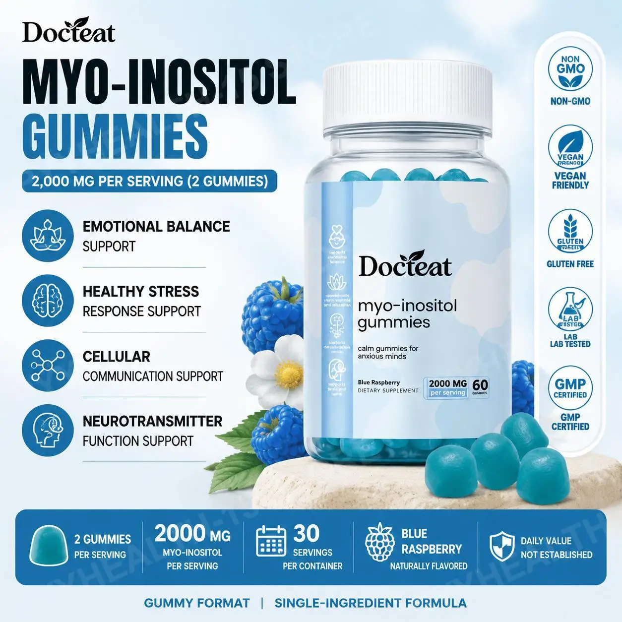 Docteat Myo-Inositol Gummies 2000mg, Blue Raspberry Flavor Dietary Supplement for Adults, Single Ingredient Formula, 60 Gummies
Docteat Myo-Inositol Gummies 2000mg, Blue Raspberry Flavor Dietary Supplement for Adults, Single Ingredient Formula, 60 Gummies