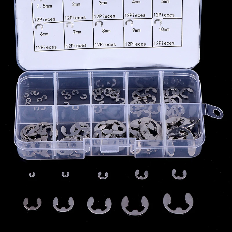120Pcs/Box 304 Stainless Steel E-Clip Retaining Circlip Assortment Kit M1.5~M10 
120Pcs/Box 304 Stainless Steel E-Clip Retaining Circlip Assortment Kit M1.5~M10