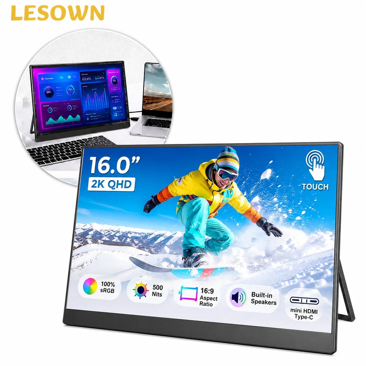 LESOWN 16.0 Inch 1200P Touchscreen Portable Monitor Driver-free Extended Screen with VESA 75 Stand for Laptop
LESOWN 16.0 Inch 1200P Touchscreen Portable Monitor Driver-free Extended Screen with VESA 75 Stand for Laptop