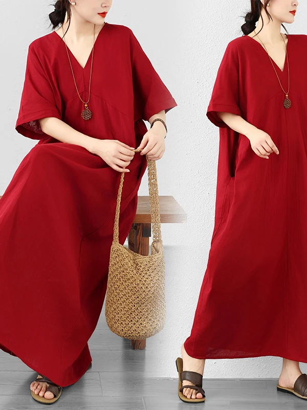 Loose Fit Long Sleeveless V-Neck Double Layer Cotton Red Batwing Sleeve Maxi Dress Women Color Summer City Walk Dress
Loose Fit Long Sleeveless V-Neck Double Layer Cotton Red Batwing Sleeve Maxi Dress Women Color Summer City Walk Dress