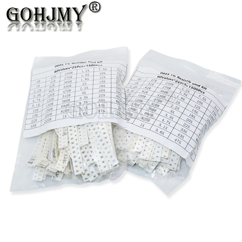 1500PCS/Set 60 Values X 25Pcs SMD 0603 0805 Resistors Assorted Set 0R-10M Ohm 1% High Precision Film Chip Resistance Kit
1500PCS/Set 60 Values X 25Pcs SMD 0603 0805 Resistors Assorted Set 0R-10M Ohm 1% High Precision Film Chip Resistance Kit