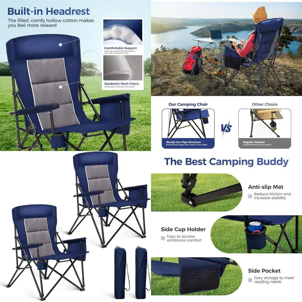 Прочные походные стулья с высокой спинкой и подстаканником, большие складные стулья для улицы, подголовник и боковой карман, подходят для газона, Spo
Прочные походные стулья с высокой спинкой и подстаканником, большие складные стулья для улицы, подголовник и боковой карман, подходят для газона, Spo