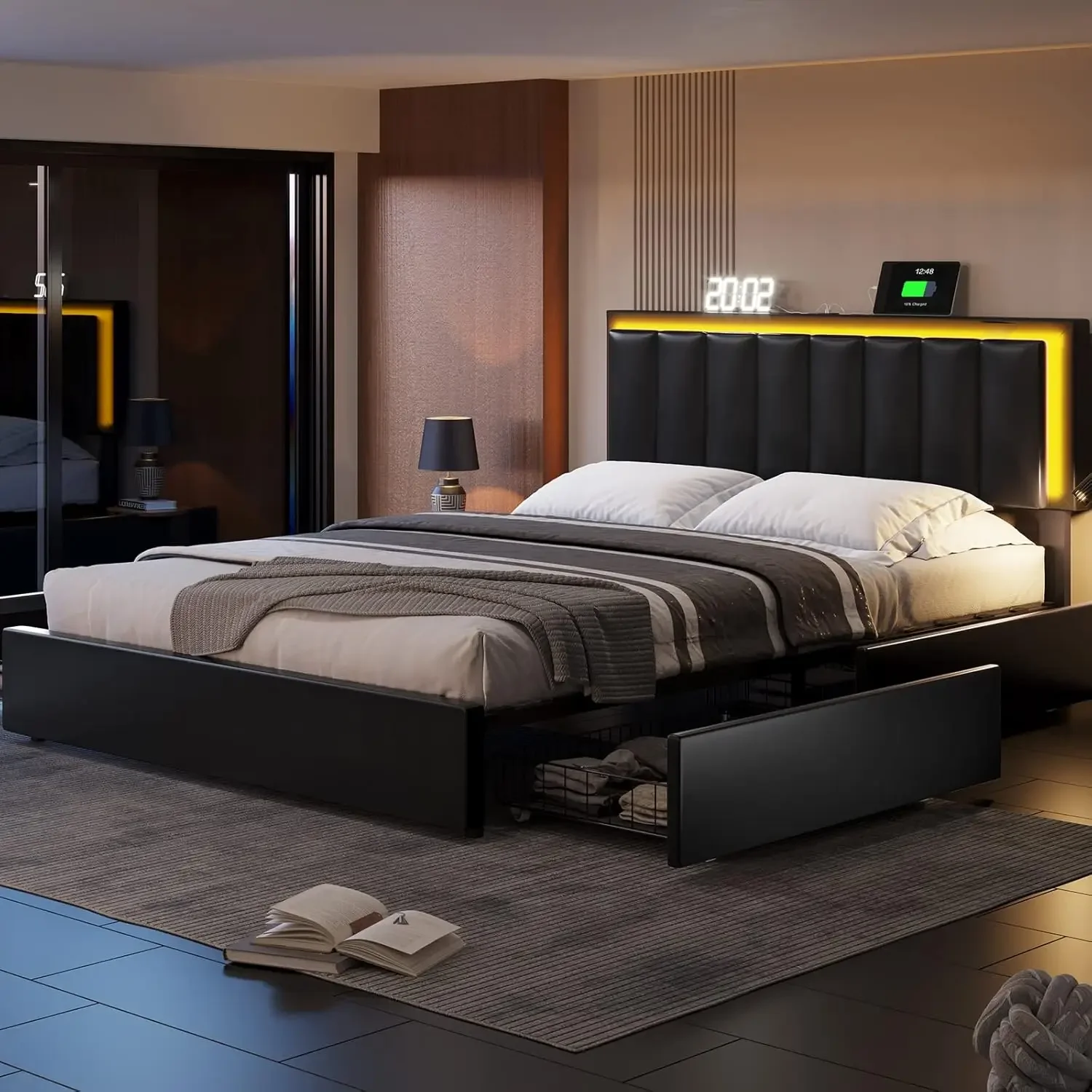 Bed Frame with 4 Storage Drawers, LED Light Full Size Platform Bed with Charging Station, Artificial Leather Upholstered Bed
Bed Frame with 4 Storage Drawers, LED Light Full Size Platform Bed with Charging Station, Artificial Leather Upholstered Bed
