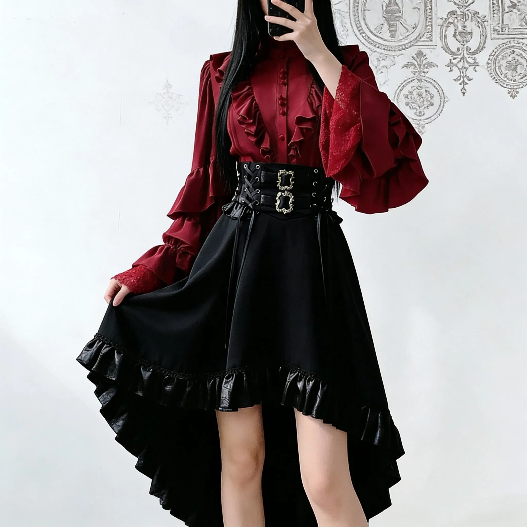 MAGOGO Lolita Prince Red Shirt Gothic Style Sk Black Skirt Set Short Front and Long Irregular Skirt
MAGOGO Lolita Prince Red Shirt Gothic Style Sk Black Skirt Set Short Front and Long Irregular Skirt