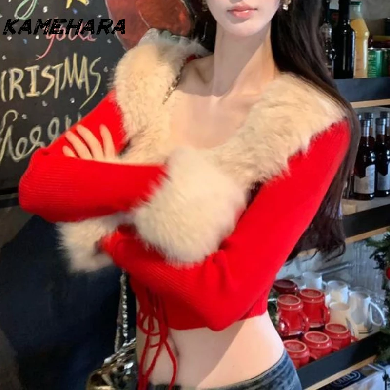 KAMEHARA French Fashion Women Blue Long Sleeve Knitted Sweaters Autumn Winter Ladies Red Hairy Neck Lace-up Cardigan Y2k Jumpers
KAMEHARA French Fashion Women Blue Long Sleeve Knitted Sweaters Autumn Winter Ladies Red Hairy Neck Lace-up Cardigan Y2k Jumpers