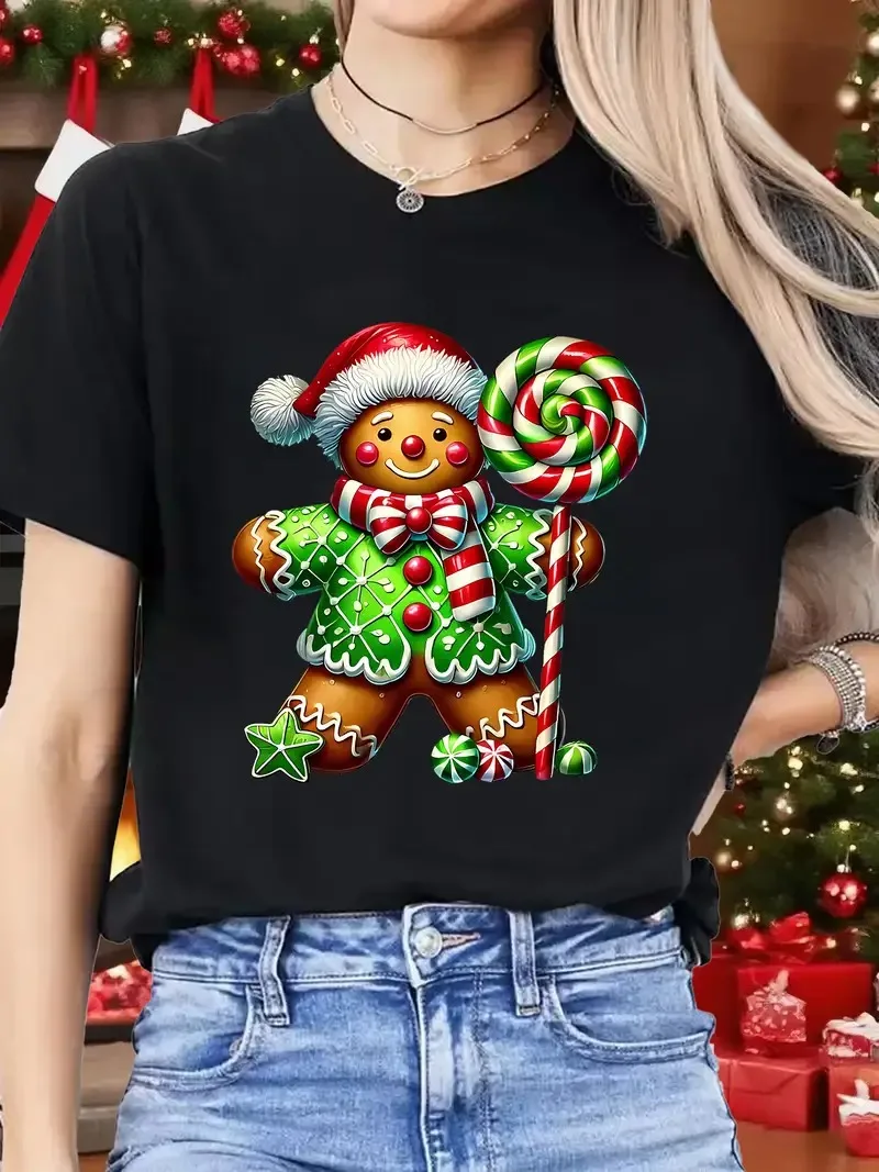 Women's gingerbread man and candy cane print Christmas t-shirt fashion breathable y2k style short sleeved casual women clothing
Women's gingerbread man and candy cane print Christmas t-shirt fashion breathable y2k style short sleeved casual women clothing